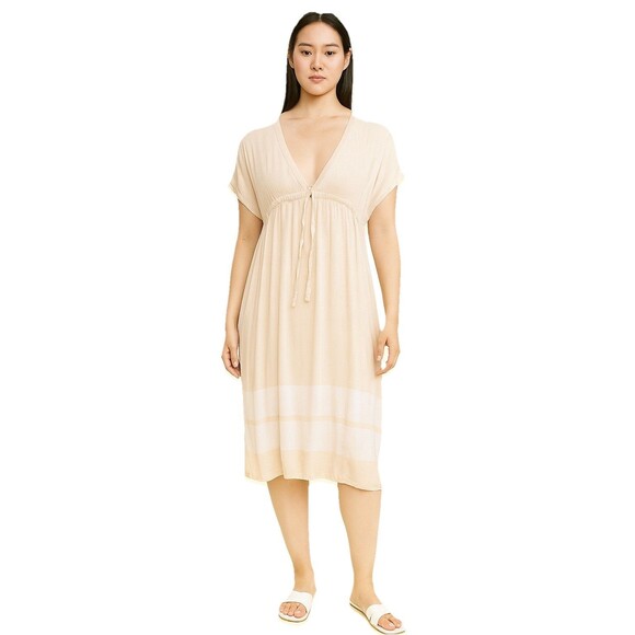 James Perse Los Angeles Women Size 2 US M Empire Dress V Neck Drawstring Tan - Picture 1 of 8
